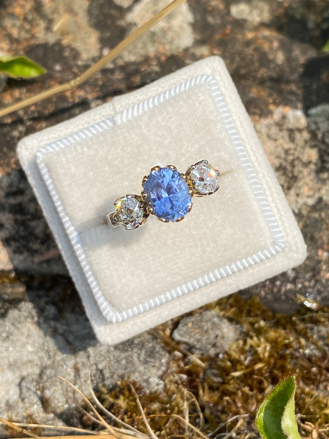 1.76 Carat Blue Ceylon Sapphire and Old Cut Diamond Three Stone Ring in 18ct Gold