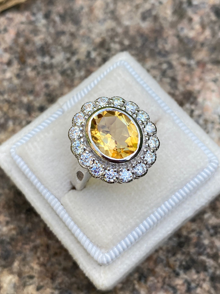 4.45 CTW Oval Cut Citrine and Moissanite Halo Cocktail Ring in Sterling Silver