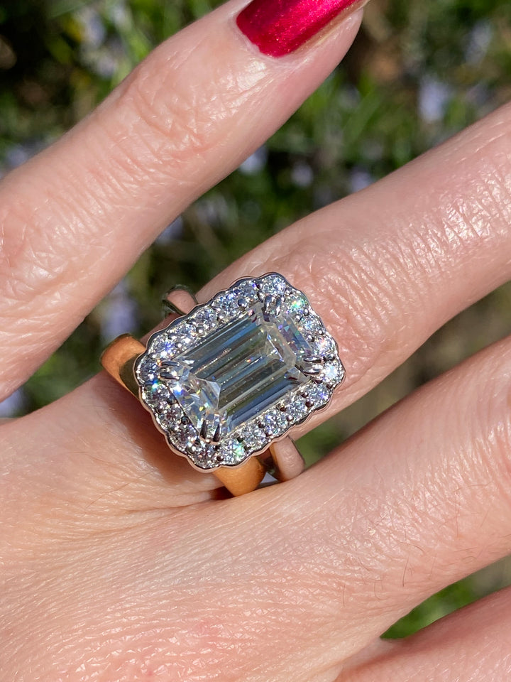 5.38 CTW Emerald Cut Moissanite Halo Cocktail Ring in Sterling Silver