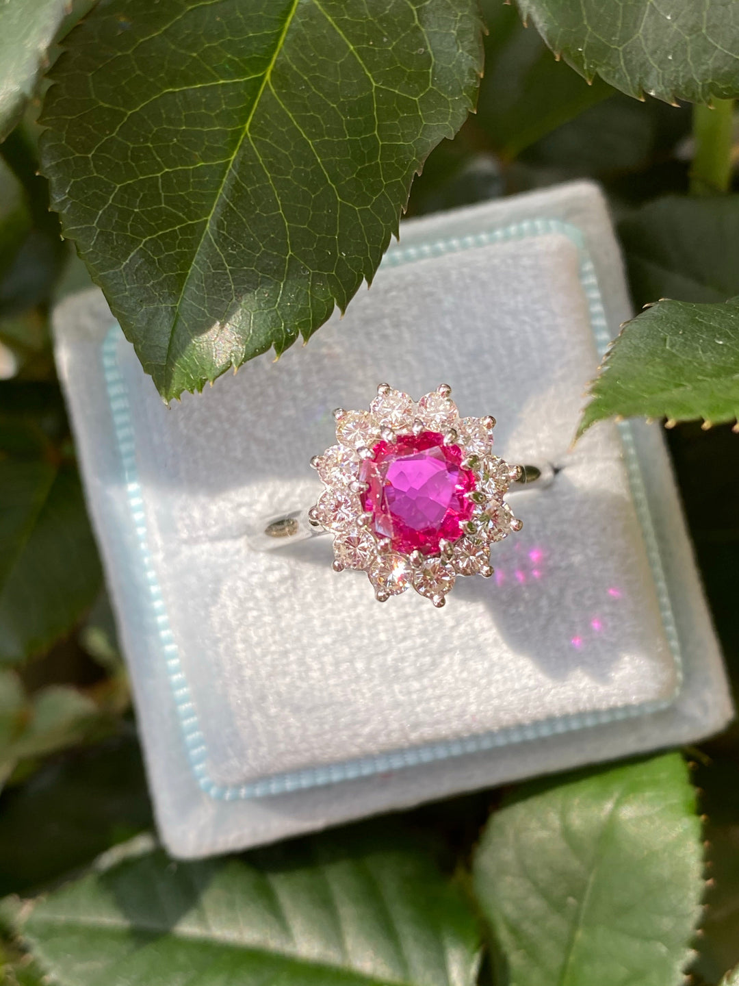 1.00 Carat Vintage Ruby and Diamond Halo Engagement Ring Katherine James Jewellery
