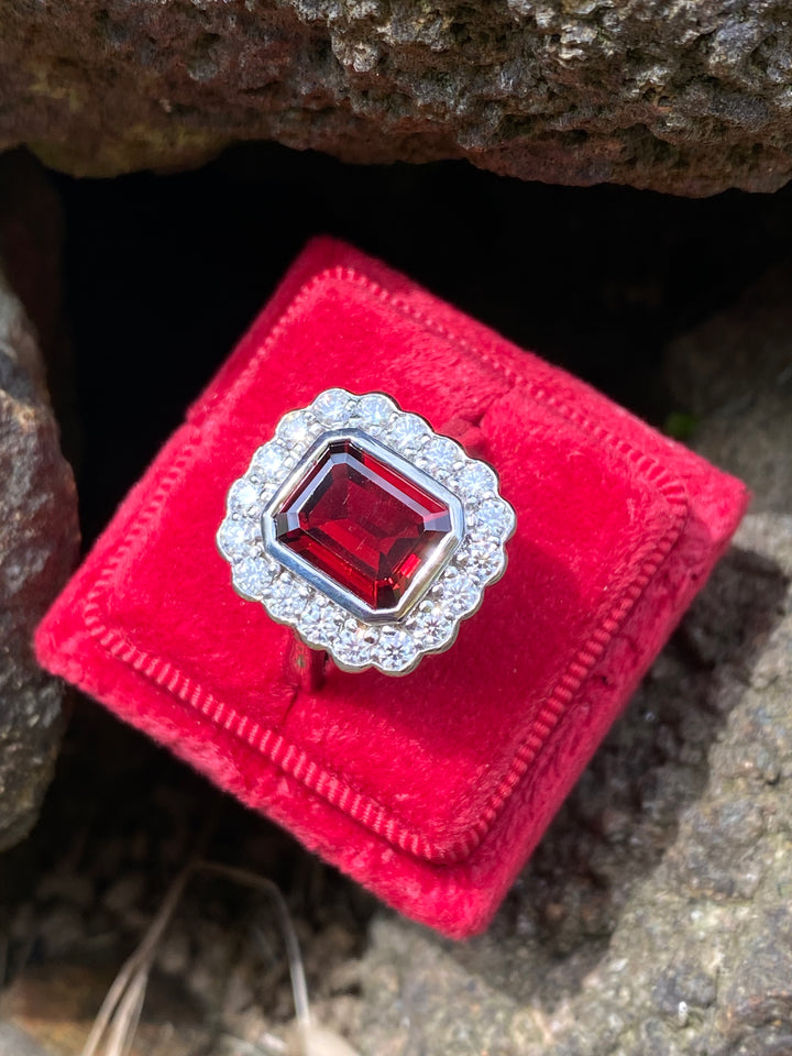 4.25 CTW Emerald Cut Garnet and Moissanite Halo Cocktail Ring in Sterling Silver