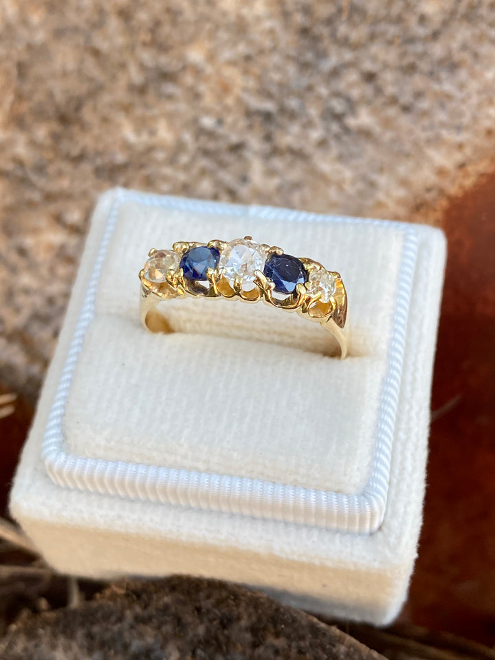 Antique Blue Sapphire and Old Cut Diamond Ring in 18ct Yellow Gold