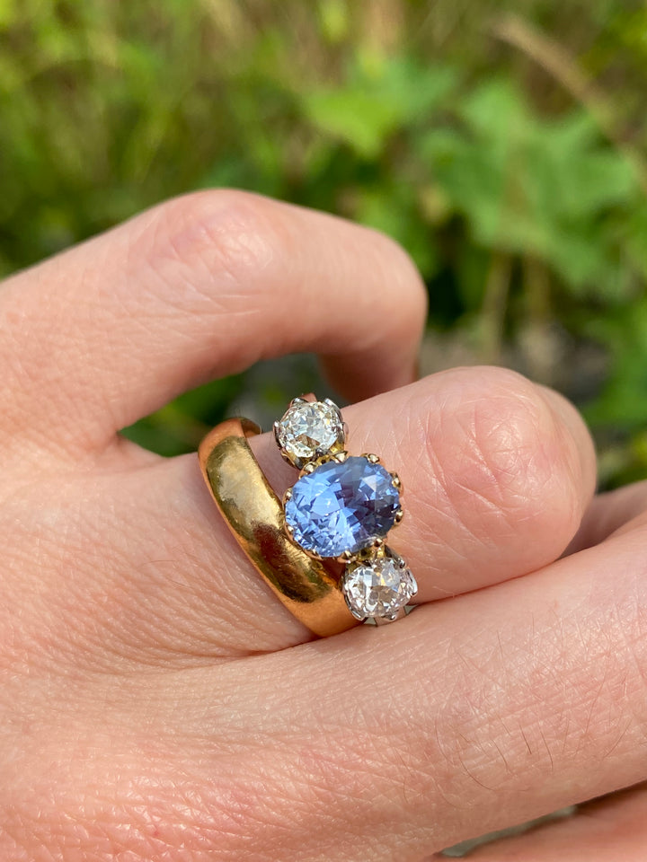 1.76 Carat Blue Ceylon Sapphire and Old Cut Diamond Three Stone Ring in 18ct Gold