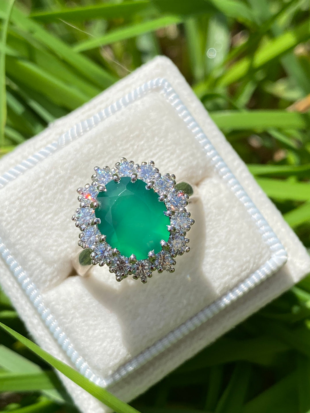 4.50 CTW Oval Cut Green Onyx and Moissanite Halo Cocktail Ring in Sterling Silver