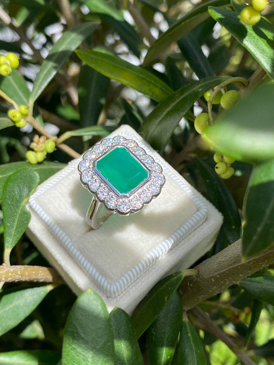 4.25 CTW Emerald Cut Green Onyx and Moissanite Halo Cocktail Ring in Sterling Silver