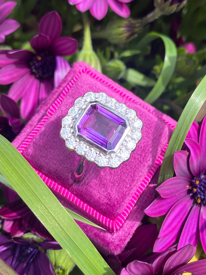 4.25 CTW Emerald Cut Amethyst and Moissanite Halo Cocktail Ring in Sterling Silver
