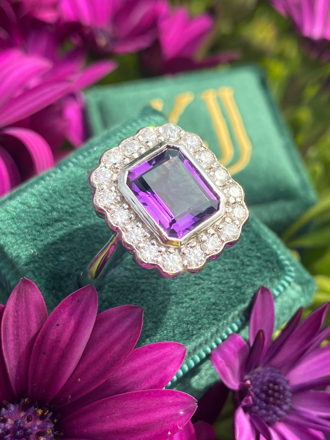 4.25 CTW Emerald Cut Amethyst and Moissanite Halo Cocktail Ring in Sterling Silver