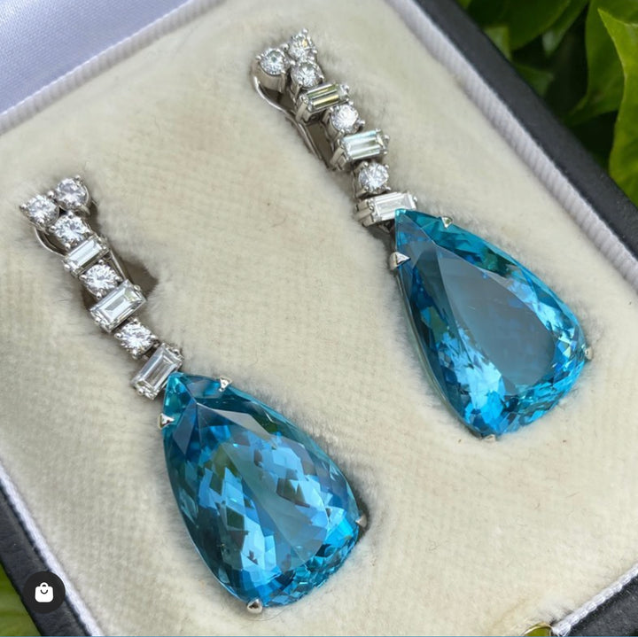 37.00 CTW Vintage Aquamarine and Diamond Drop Earrings in 18ct White Gold