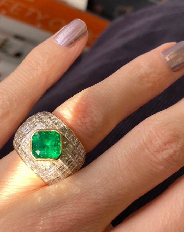 10.53 CTW Asscher Cut Colombian Emerald and Diamond Bombe Cocktail Ring in 18ct Gold