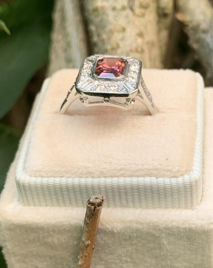 Pink Tourmaline and Diamond Halo Art Deco Engagement Ring in Platinum 