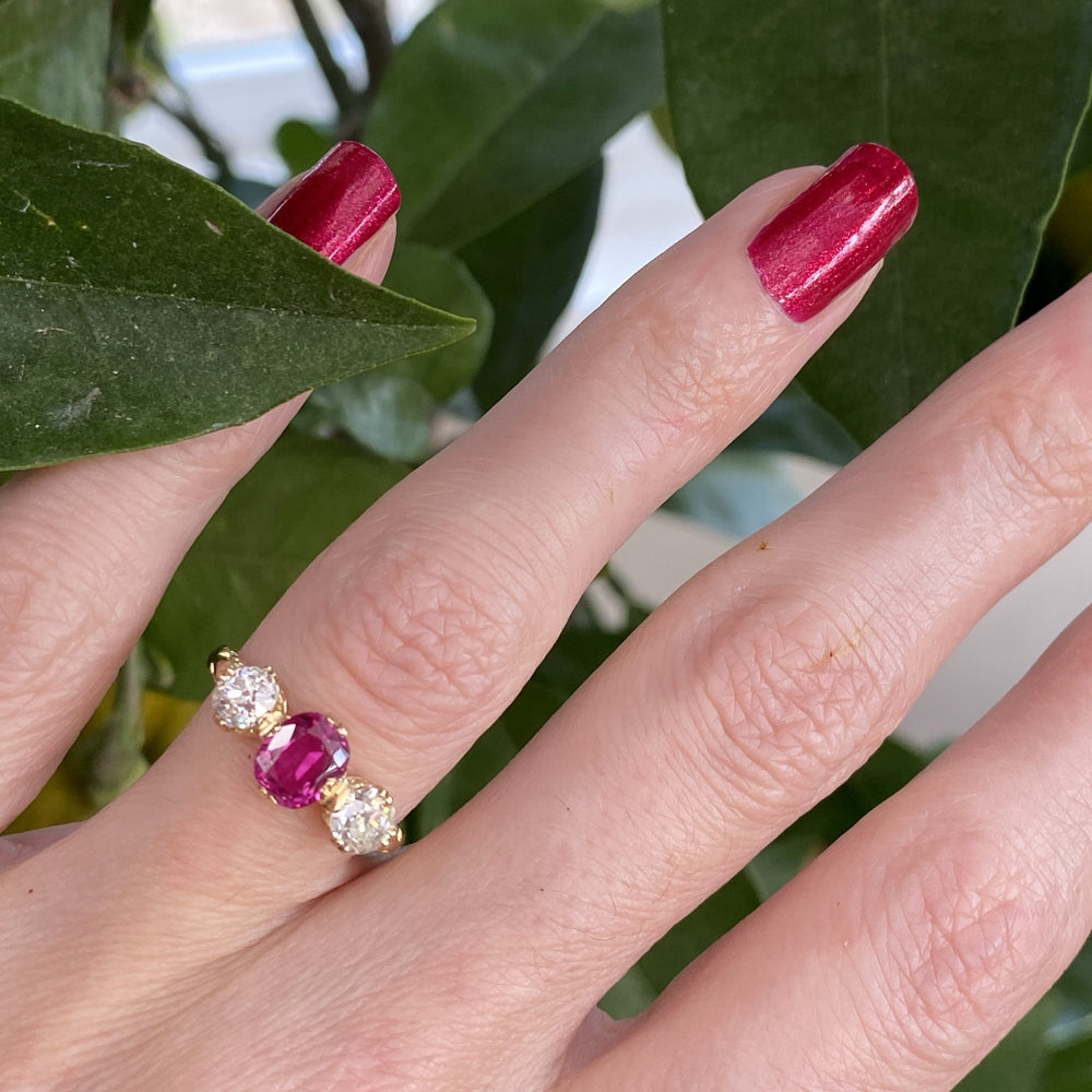 1.73 CTW Antique Ruby and Diamond Three Stone Ring in Yellow Gold 