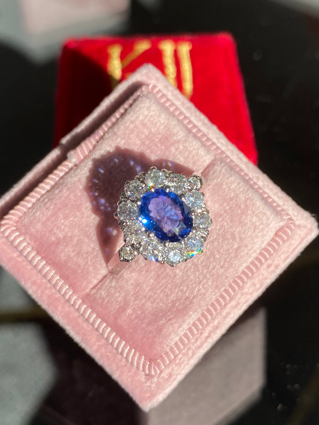 2 Carat Oval Blue Sapphire and Diamond Halo Antique Edwardian Style Engagement Ring in Platinum 