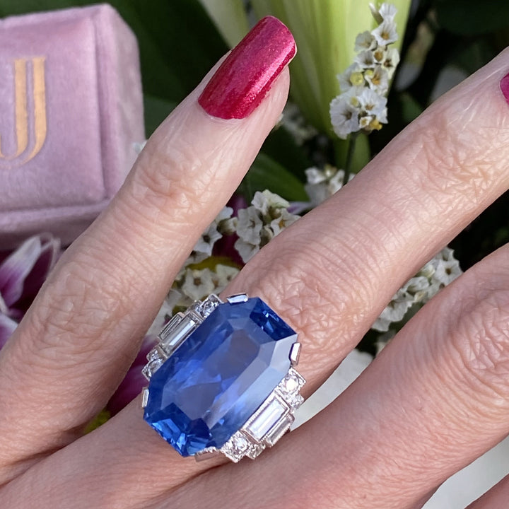 21.36 Carat Unheated Blue Ceylon Sapphire and Diamond Art Deco Engagement Ring 