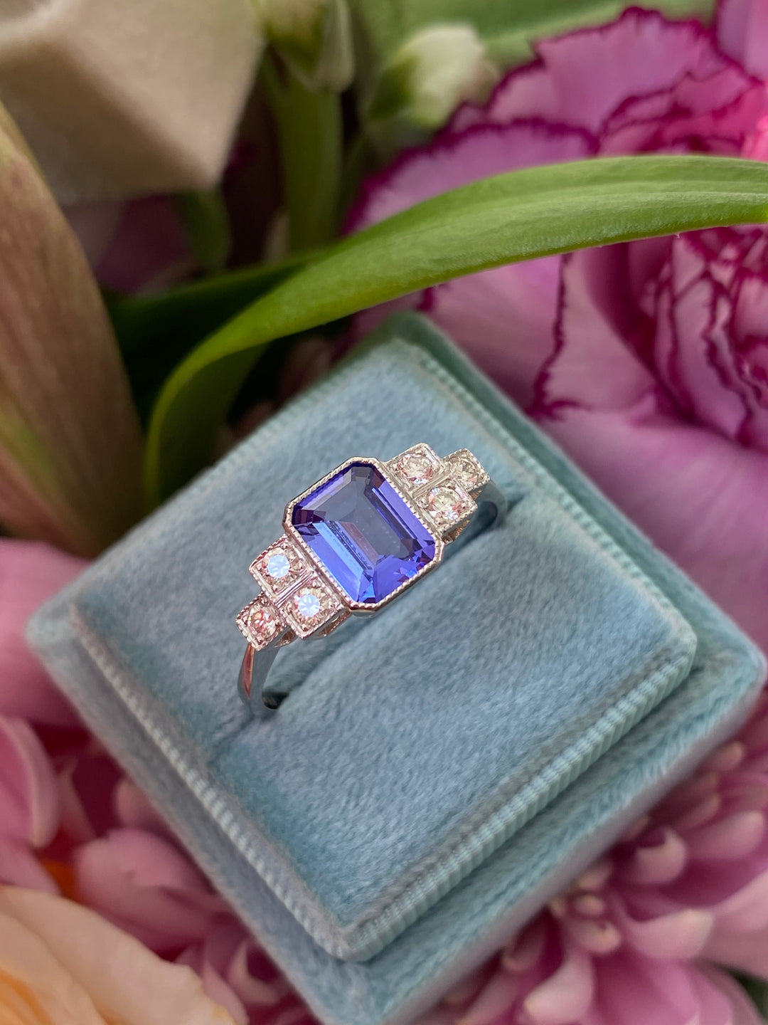 1.50 Carat Emerald Cut Tanzanite and Diamond Engagement Ring in Platinum 
