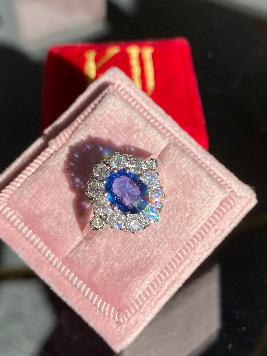 2 Carat Oval Blue Sapphire and Diamond Halo Antique Edwardian Style Engagement Ring in Platinum 