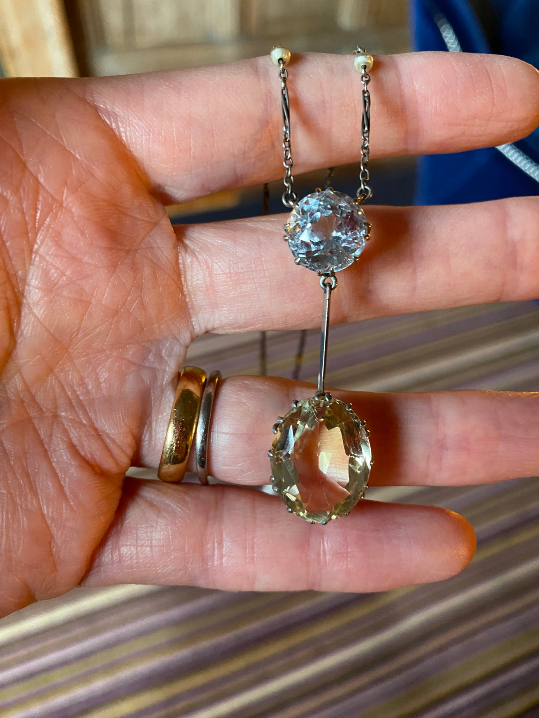 Edwardian 5.00 Carat Blue Zircon, 10.00 Carat Citrine and Seed Pearl Lavaliere Necklace