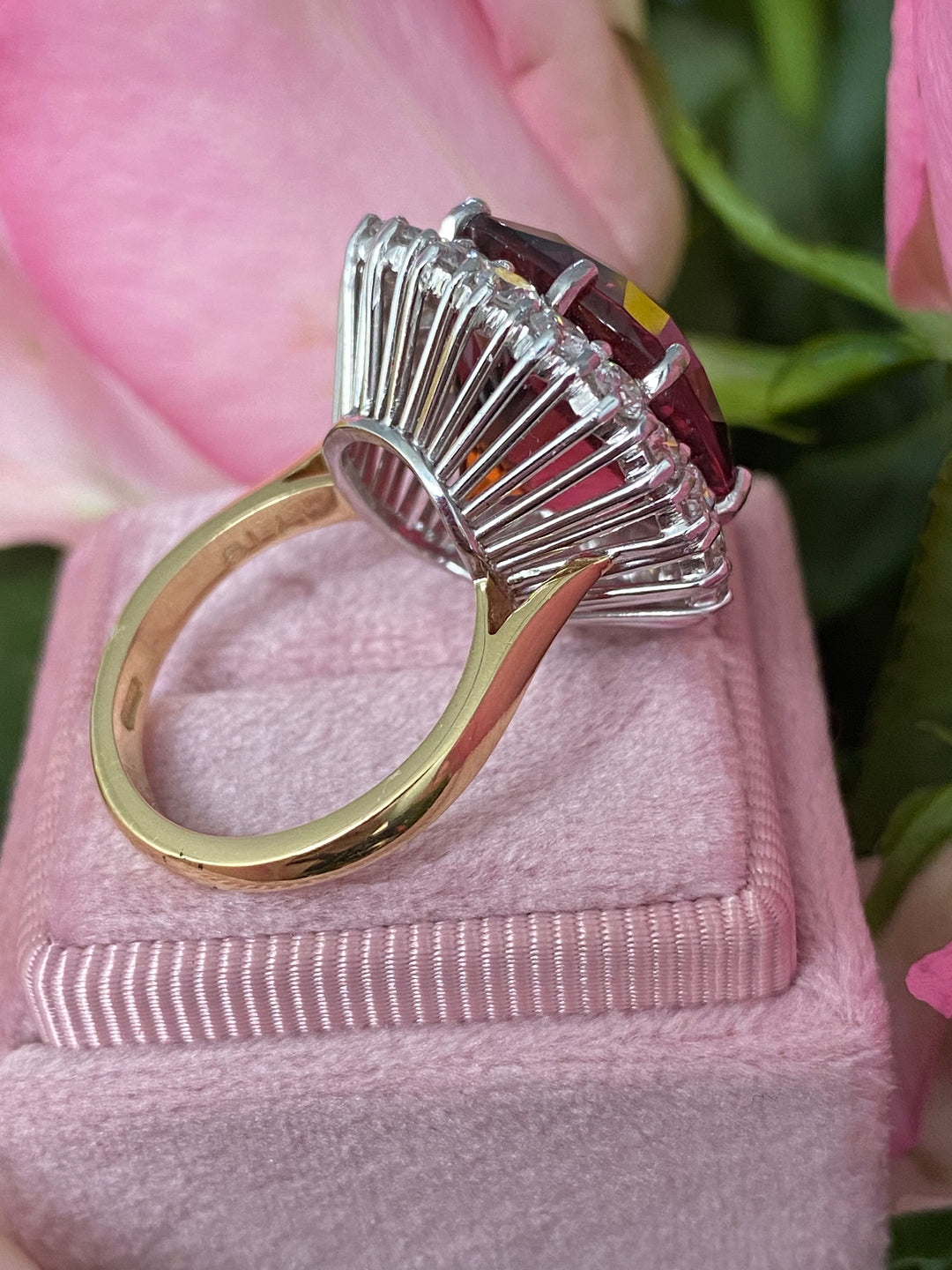 17.19 Carat Rubellite Tourmaline and Diamond Halo Cocktail Ring in 18ct White and Yellow Gold