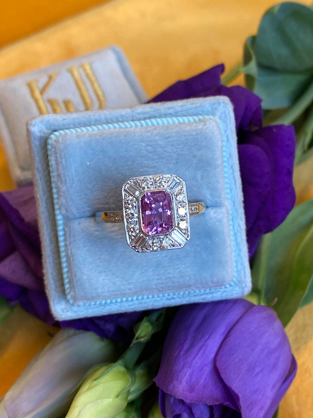 1 Carat Pink Sapphire and Diamond Halo Art Deco Engagement Ring in Platinum 
