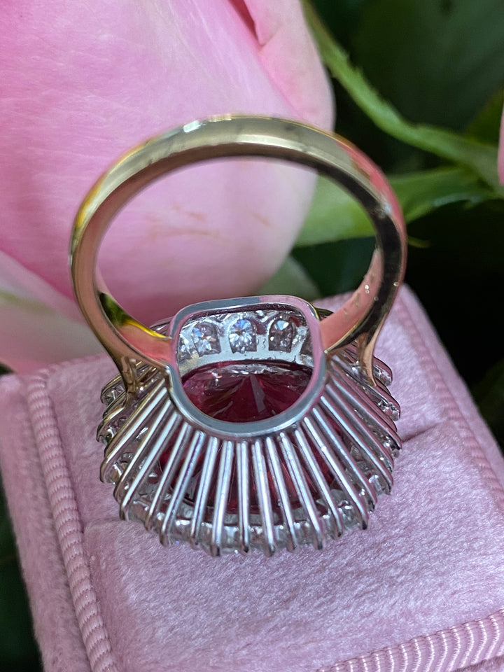 17.19 Carat Rubellite Tourmaline and Diamond Halo Cocktail Ring in 18ct White and Yellow Gold