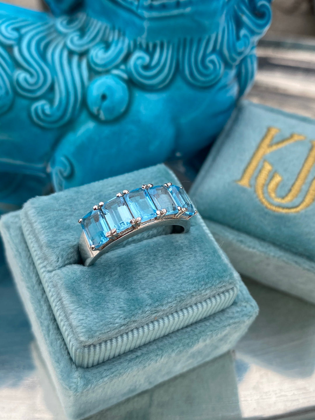 Emerald Cut Blue Topaz Five Stone Ring in Sterling Silver