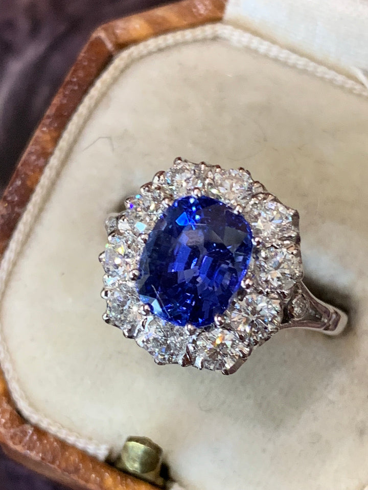 4.00 Carat Blue Ceylon Sapphire and Diamond Halo Ring in 18ct White Gold