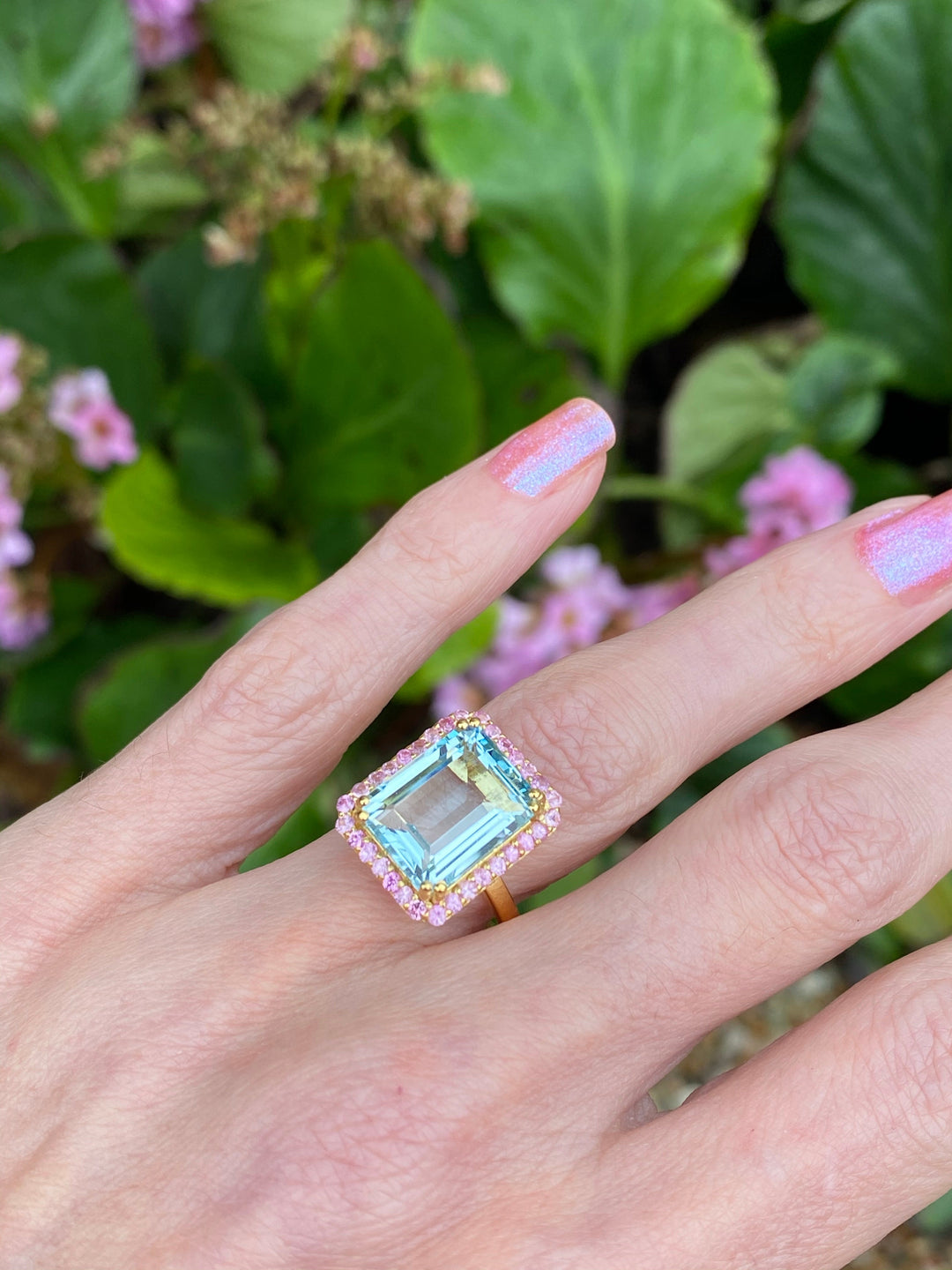 6 Carat Aquamarine and Pink Sapphire Halo Cocktail Engagement Ring in Yellow Gold 