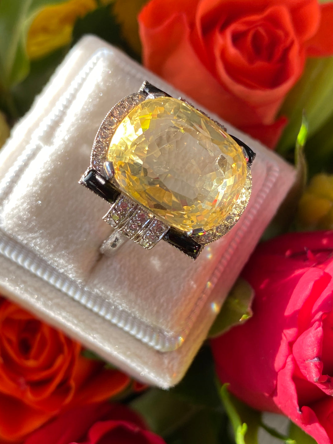 19.23 Carat Certified Unheated Yellow Sapphire, Black Onyx and Diamond Antique Art Deco Ring