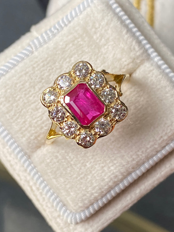 1.90 CTW Ruby and Diamond Halo Engagement Ring in 18ct Yellow Gold