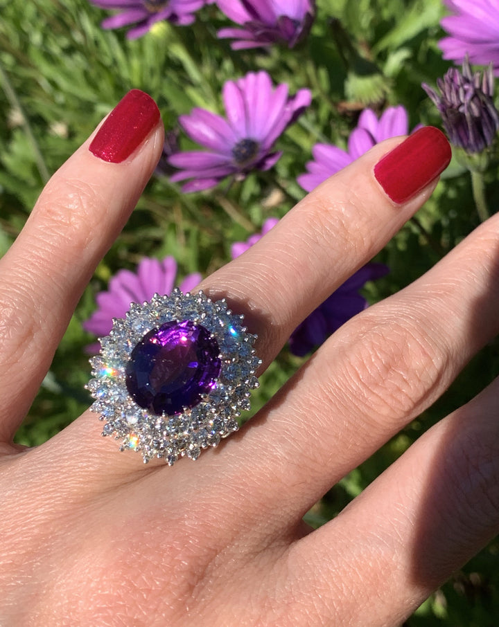 7.30 Carat Oval Cut Amethyst and Diamond Halo Ring in 18ct White Gold
