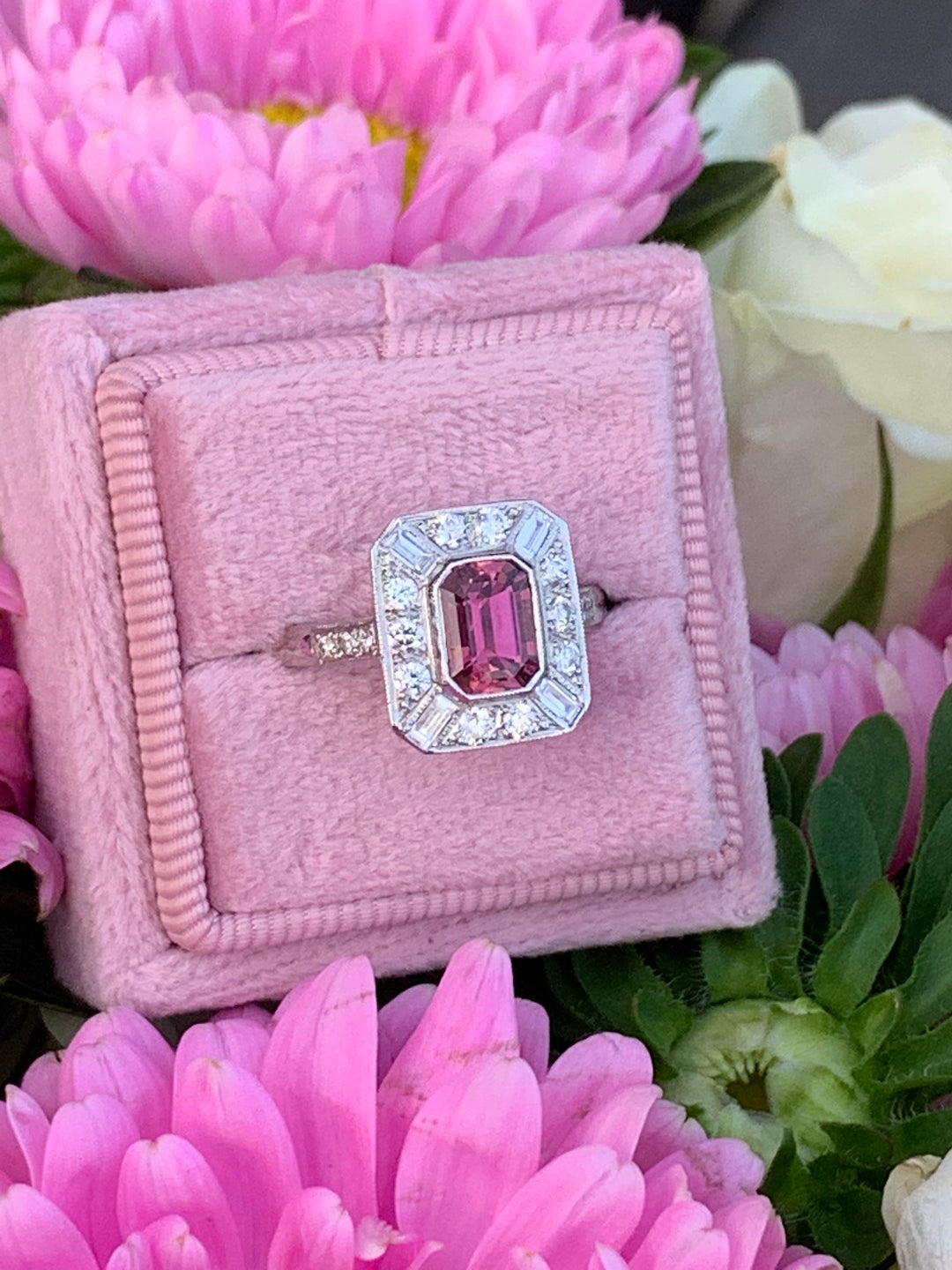 Pink Tourmaline and Diamond Halo Art Deco Engagement Ring in Platinum 