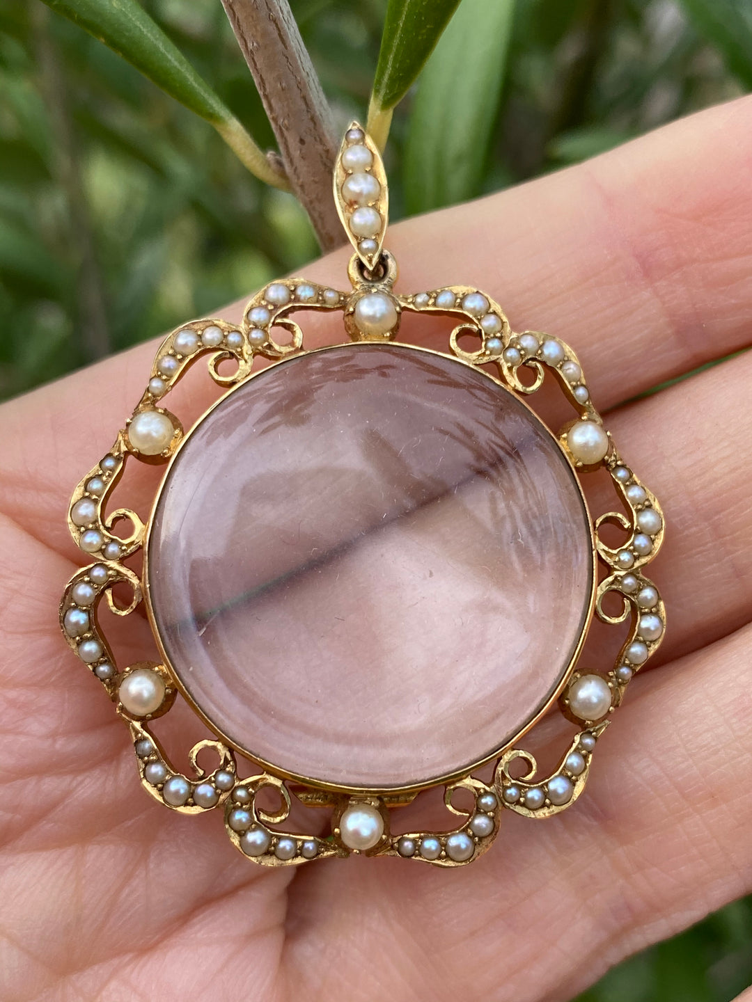 Antique Rock Crystal and Natural Seed Pearl Art Nouveau Pendant Locket Necklace in Yellow Gold 