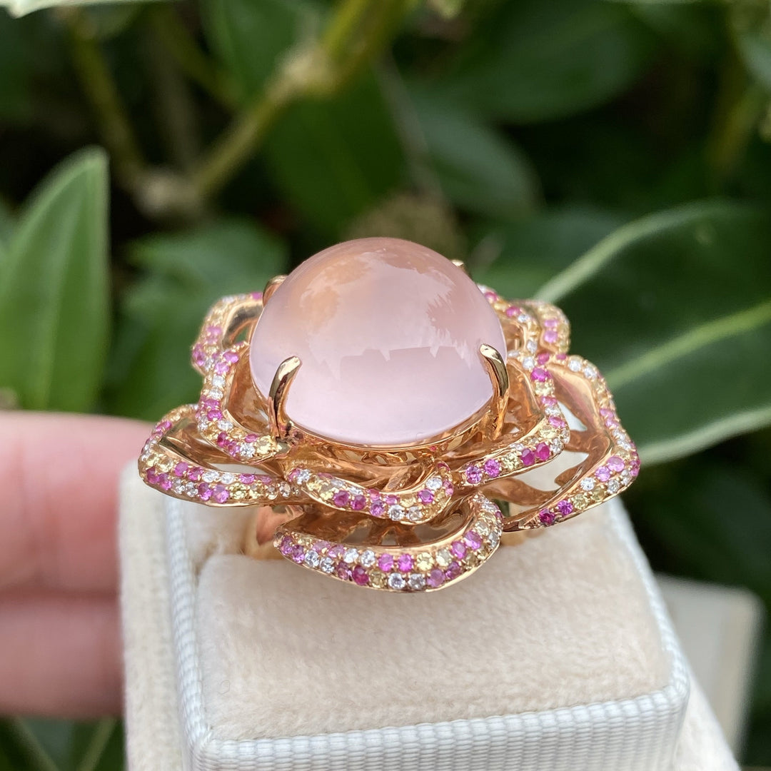 Rose Quartz Flower Ring with Pink and Yellow Sapphires and Diamonds in Rose Gold 