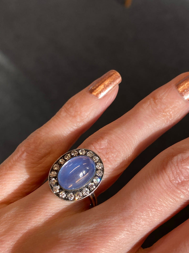 Antique No Heat Cabochon Blue Sapphire and Diamond Halo Ring 