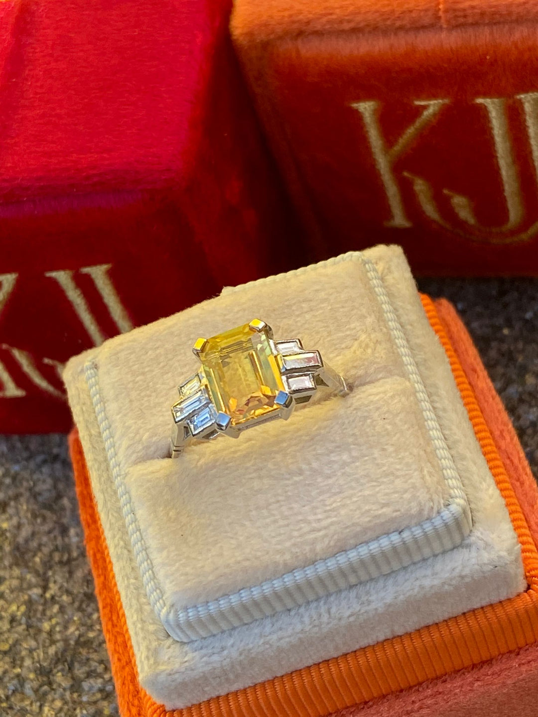 3.00 Carat Yellow Sapphire and Diamond Art Deco Ring in Platinum