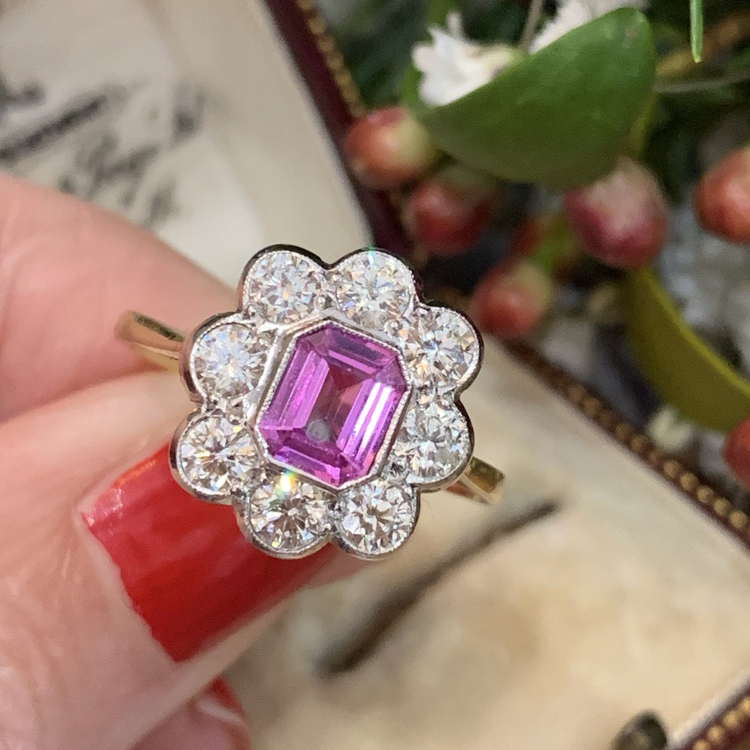 2.00 CTW Pink Sapphire and Diamond Halo Ring in 18ct White and Yellow Gold