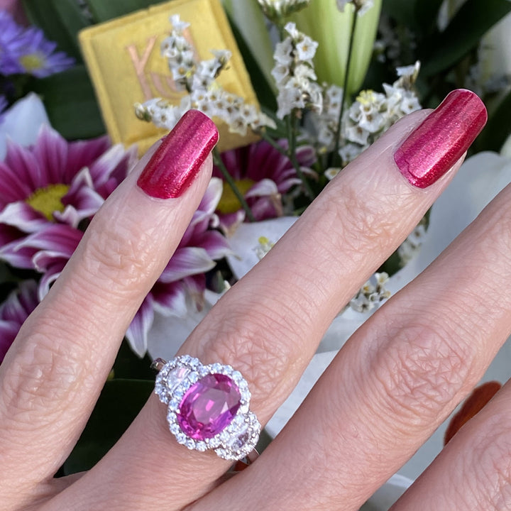 2.87 Carat Oval Cut Pink Sapphire and Diamond Engagement Ring in White Gold 