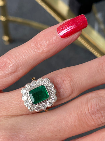 2.40 Carat Emerald and Diamond Halo Ring in 18ct White and Yellow Gold