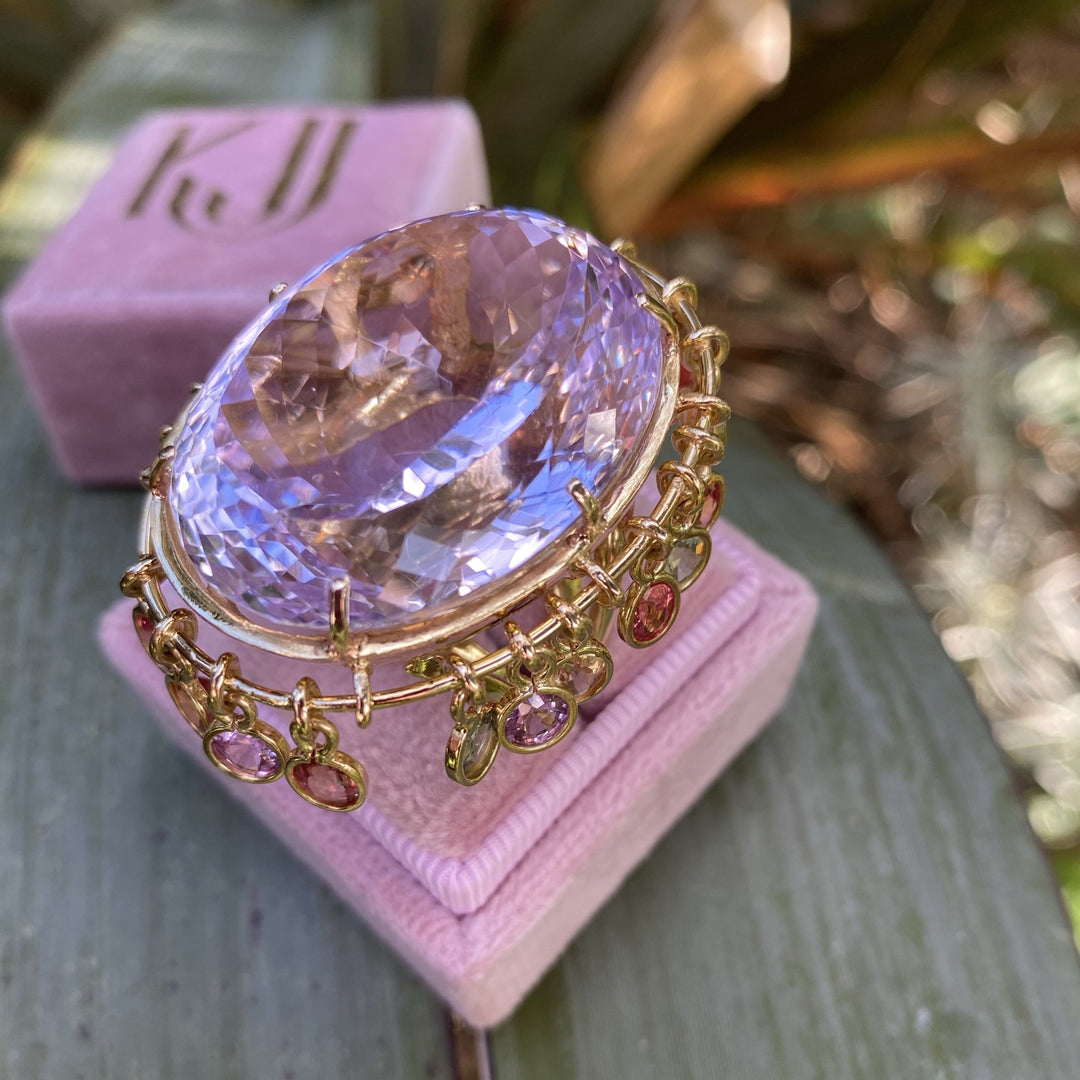 75 Carat Kunzite and Sapphire Cocktail Ring in 18K Yellow Gold 