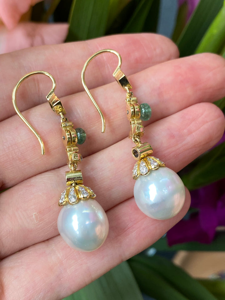 Diamond, Emerald and South Sea Pearl Drop Earrings in 18ct Yellow Gold