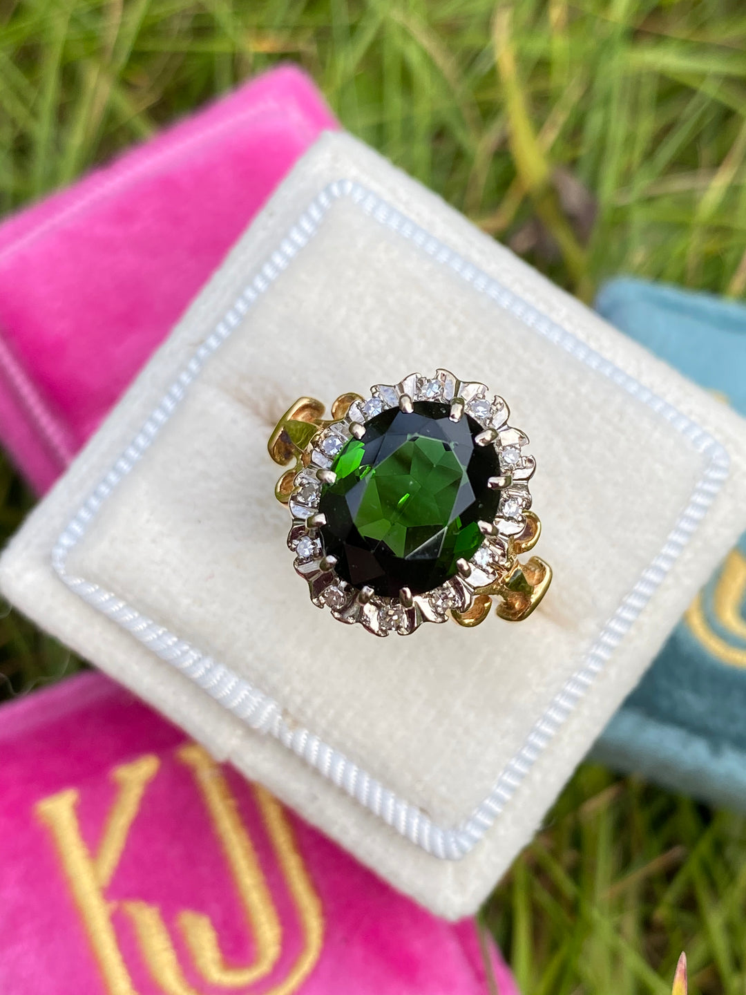 5 Carat oval Cut Green Tourmaline and Diamond Halo Ring in Yellow Gold 