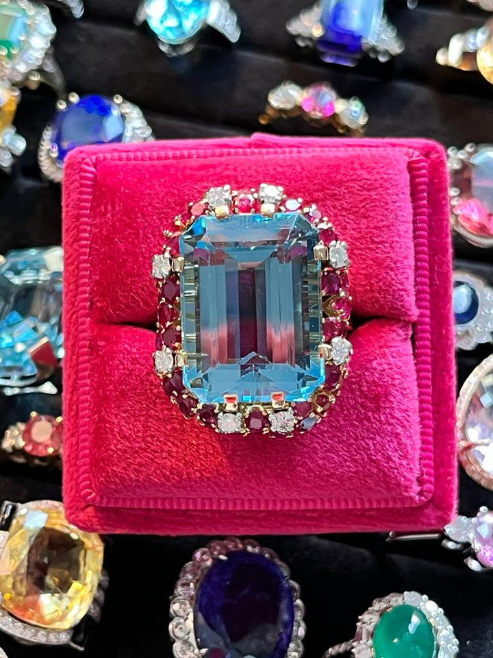 35.00 CTW Mellerio Aquamarine, Ruby, and Diamond Vintage Cocktail Ring in 18ct Yellow Gold