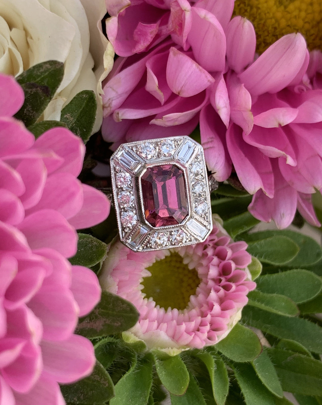 Pink Tourmaline and Diamond Halo Art Deco Engagement Ring in Platinum Pink Tourmaline and Diamond Halo Art Deco Engagement Ring in Platinum 