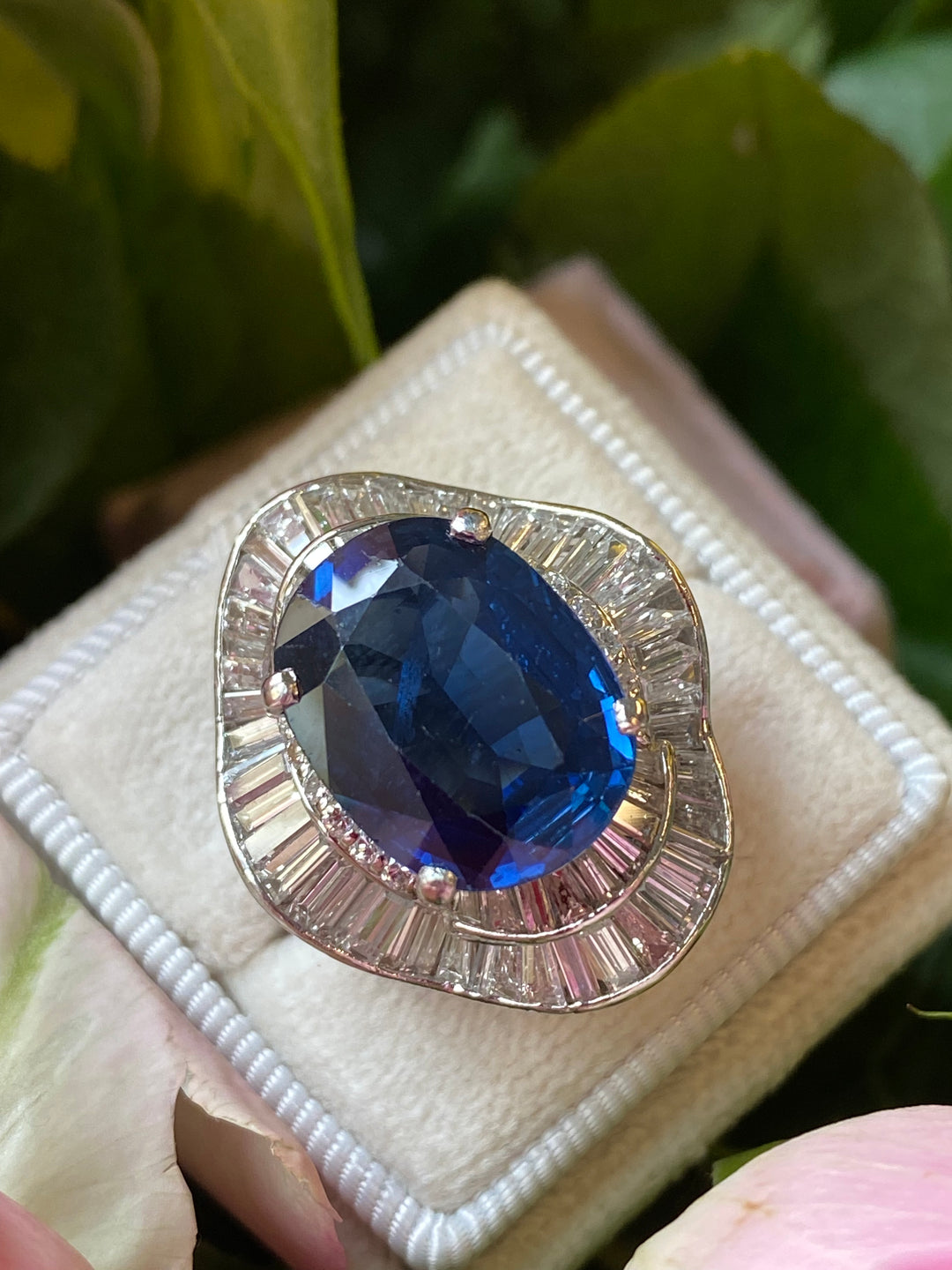10 Carat Oval Cut Blue Sapphire and Diamond Ballerina Engagement Ring in Platinum