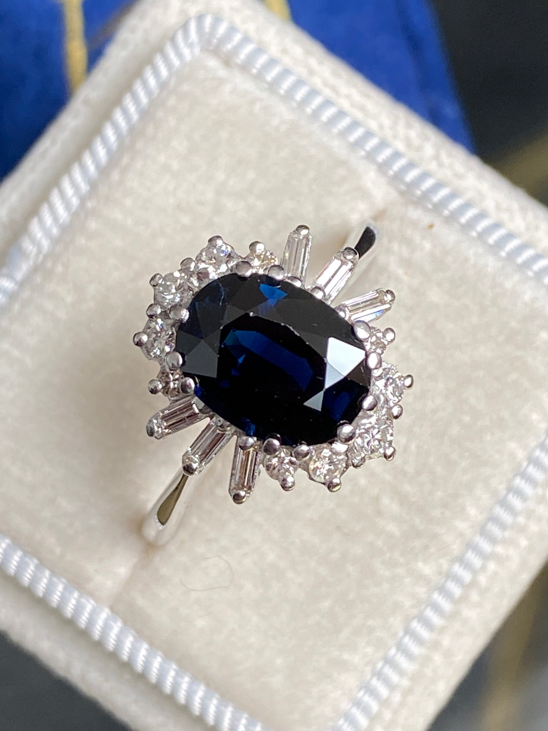 Vintage 2.50 Carat Oval Blue Sapphire and Diamond Halo Engagement Ring in White Gold