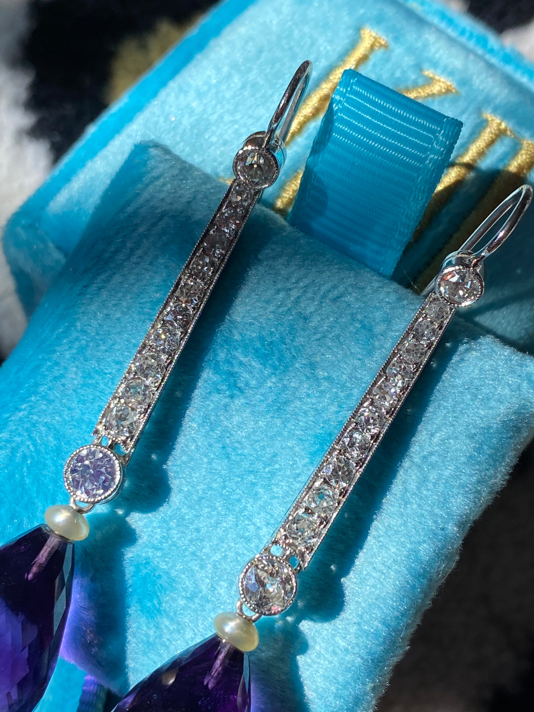 Antique Art Deco Briolette Cut Amethyst and Diamond Drop Earrings in Platinum