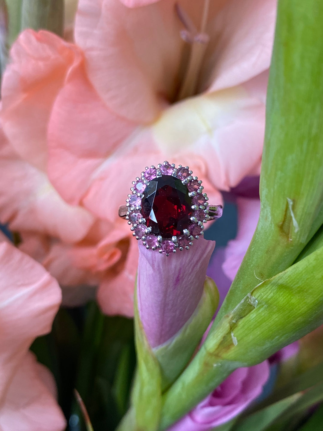 Red Garnet and Pink Tourmaline Oval Halo Cocktail Ring in Sterling Silver