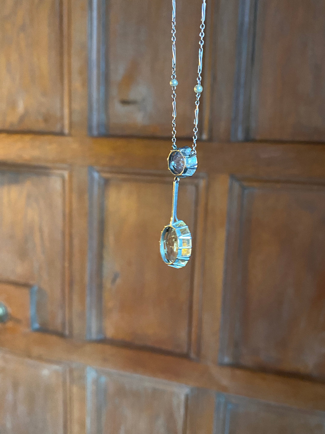 Edwardian 5.00 Carat Blue Zircon, 10.00 Carat Citrine and Seed Pearl Lavaliere Necklace