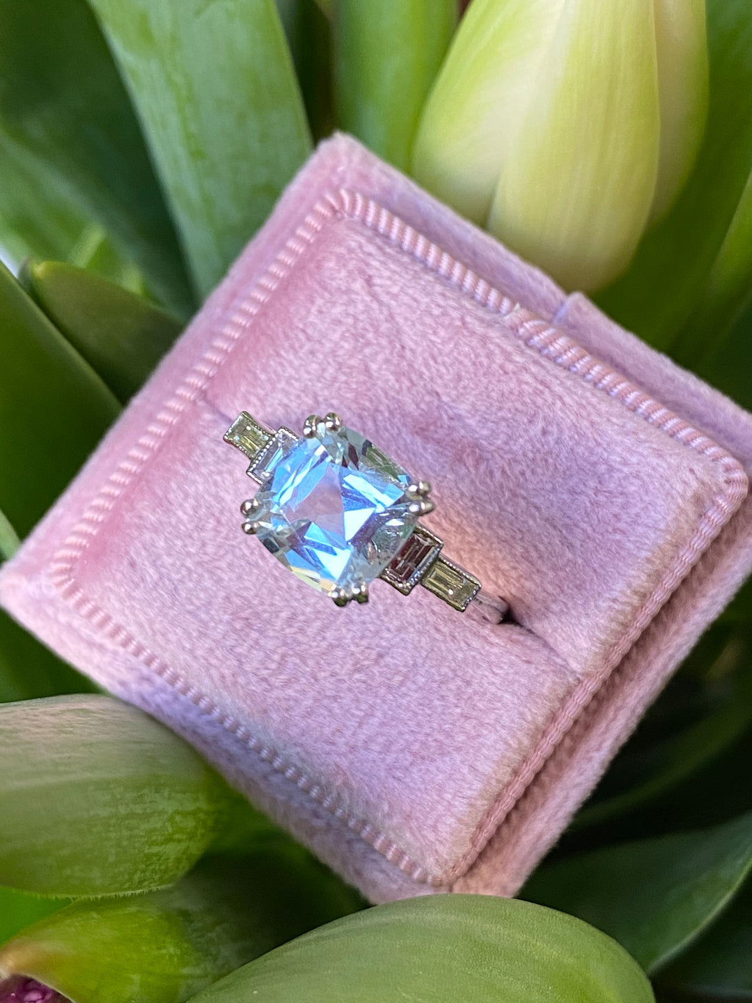 2.00 Carat Cushion Cut Aquamarine and Diamond Art Deco Engagement Ring in Platinum