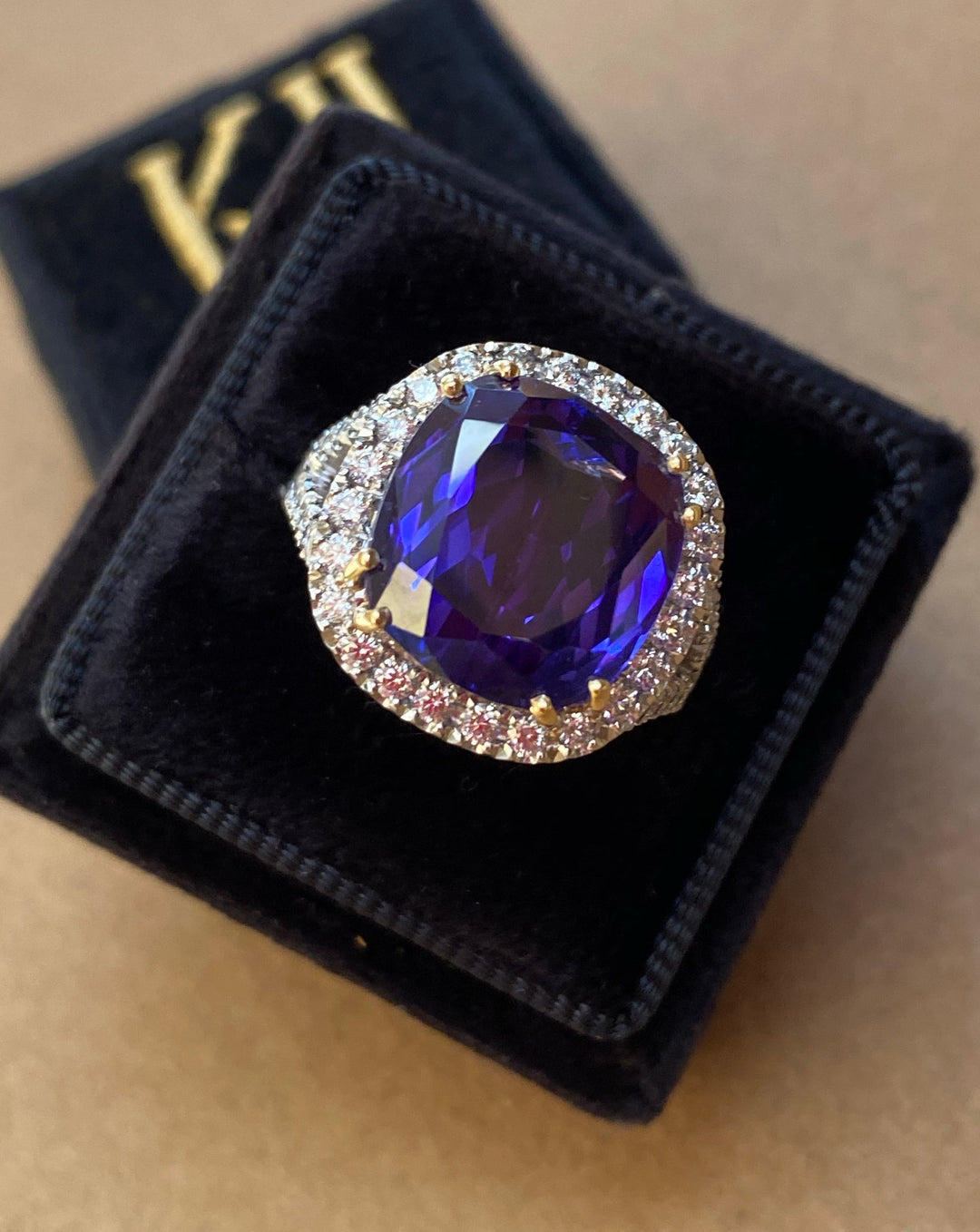 12 Carat Cushion Cut Tanzanite and Diamond Cocktail Engagement Ring in White Gold 