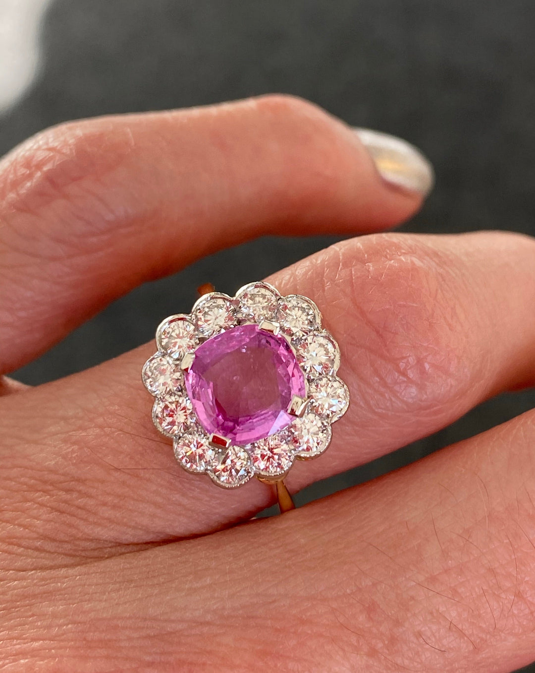 Katherine James Jewellery KJJ 2 Carat Pink Sapphire and Diamond Antique Style Halo Engagement Ring in White and Yellow Gold 